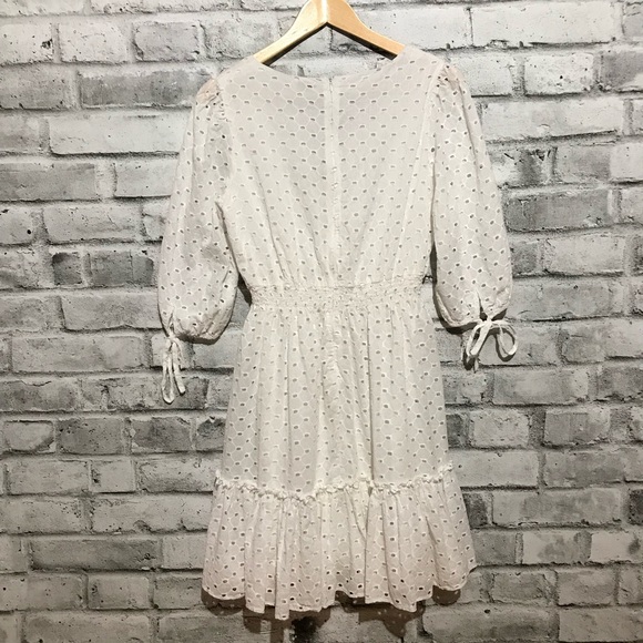 Taylor White Eyelet Half-Sleeve V-Neck Smocked A-Line Dress - Picture 2 of 6